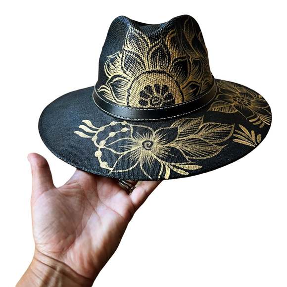 HAT MEXICAN Fiber Hand Painted Fedora Floral Sombrero Panama Bohemian Black Gold - Picture 10 of 12